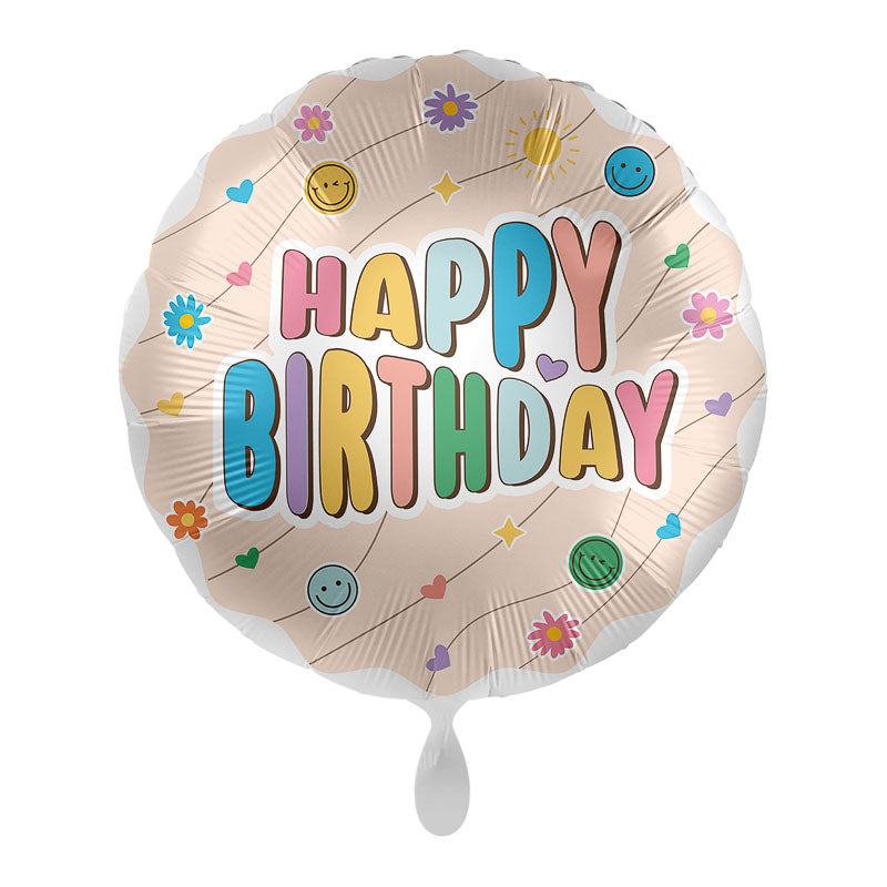 Smiley & Blumen Happy Birthday Folienballon / Rund