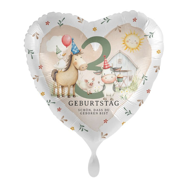 Herz Folienballon mit Bauernhof Tieren für den 3. Geburtstag – Printfetti