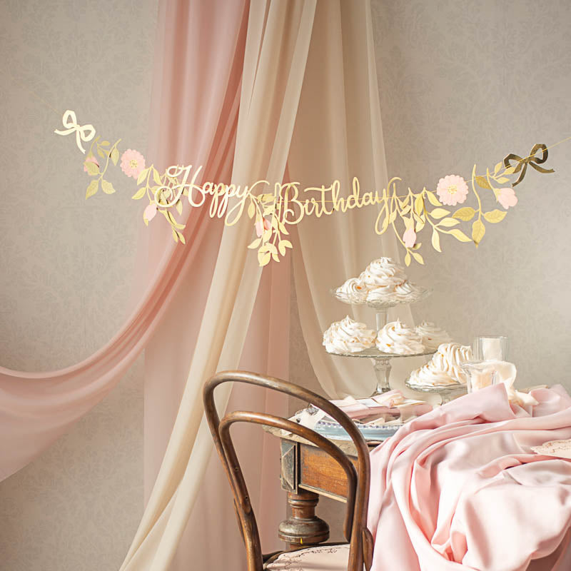 Happy Birthday Girlande / Blumen / Gold