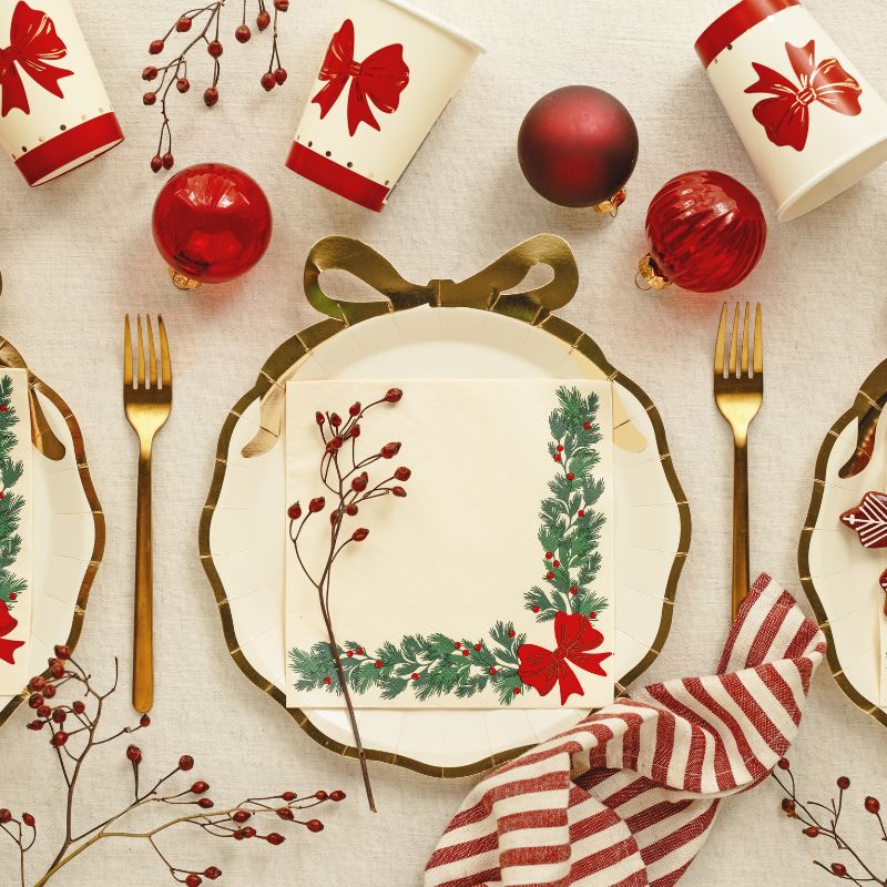 Schleifen Party Teller / Crème & Gold (6 Stück) für die Weihnachtsdeko – Printfetti