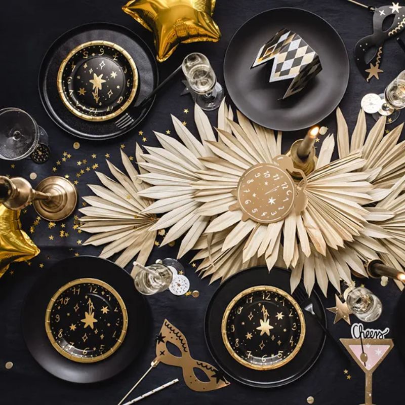 Uhr Party Teller / Schwarz / Silvester (6 Stück) – Printfetti