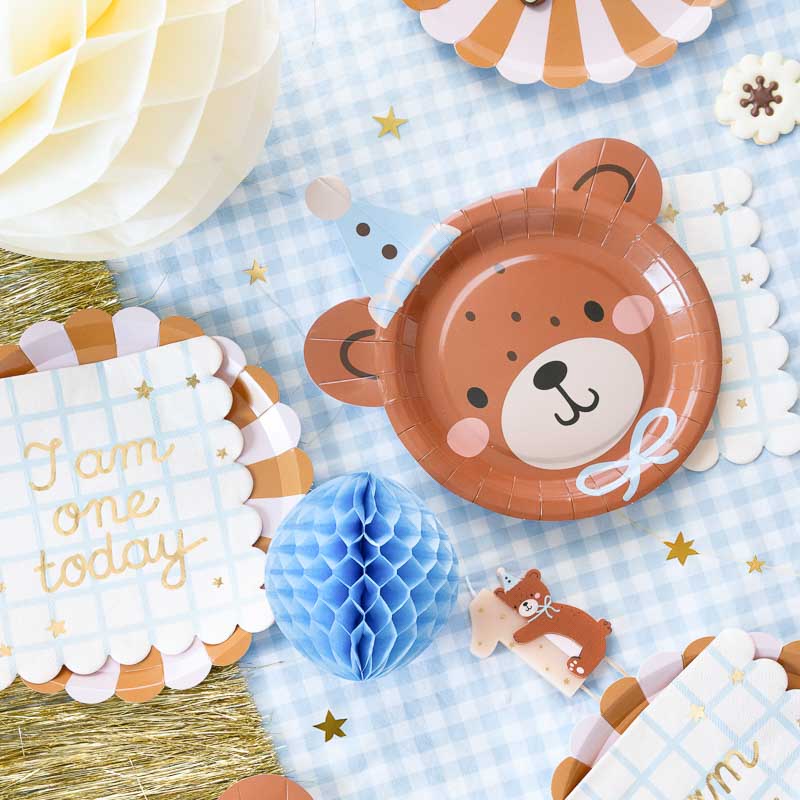 Teddy Motto Party Teddybär Baby-Party Teller-Set Für 25 Gäste – Boho-Geschirr Mit Servietten & Gabeln | Braun-blau