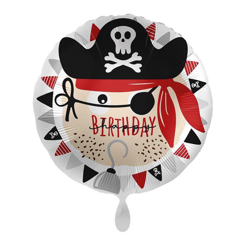 pirat happy birthday ballon rund rot schwarz silber