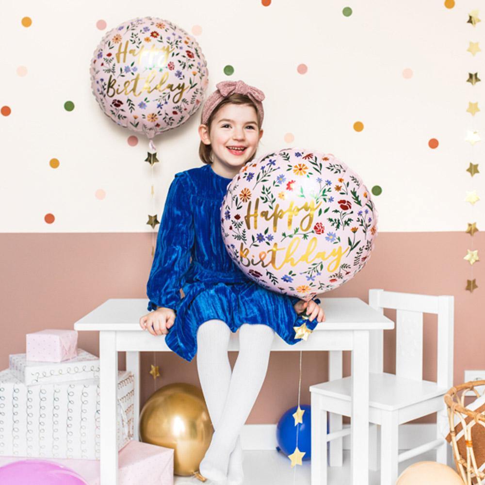 folienballon happy birthday rosa blumen 