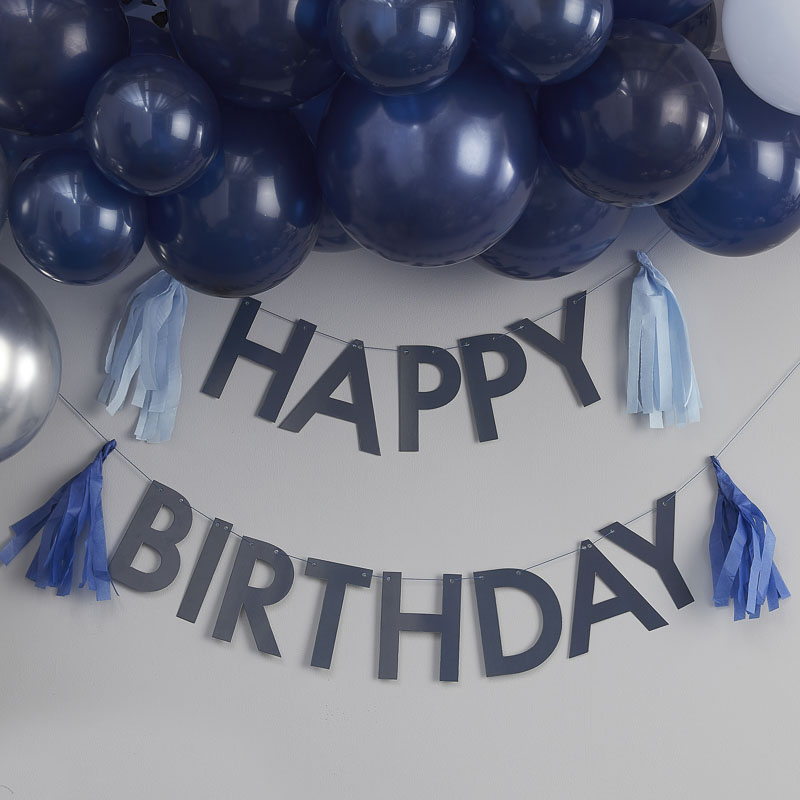 happy birthday girlande blau mit tasseln
