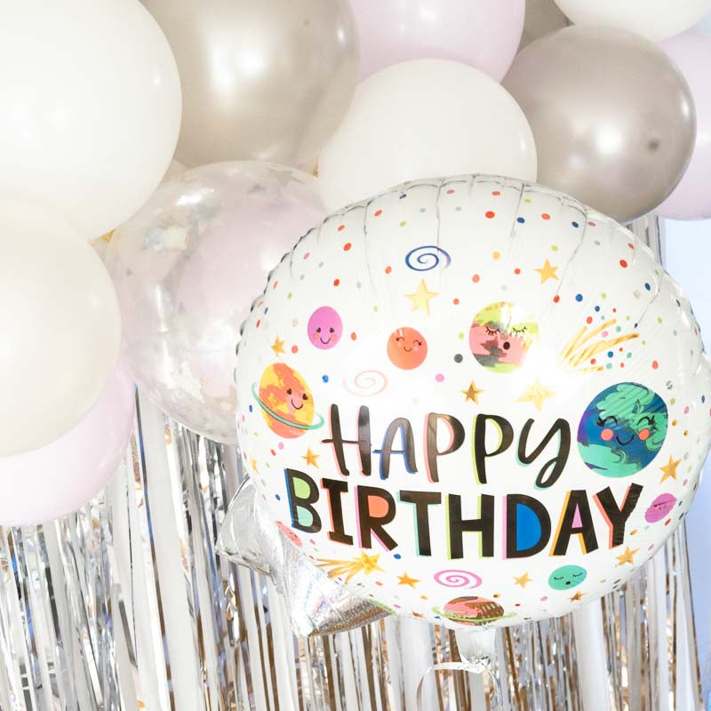 Weltraum Happy Birthday Folienballon Weiss
